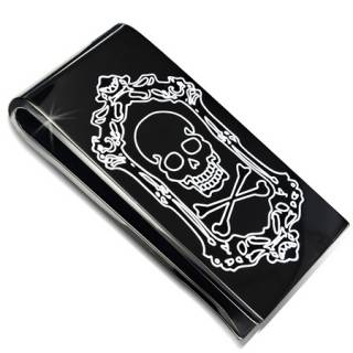 Pince � billets en acier noir avec t�te de mort pirate encadr�e