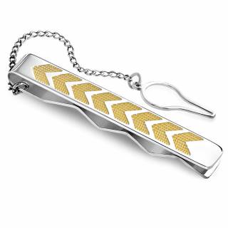 Pince � cravate en acier � chevrons dor�s pointill�s et chainette