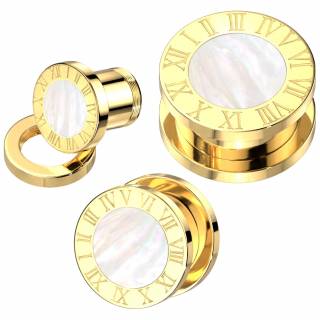 Plug dor� en acier � chiffres romains et nacre (bord d�vissable)