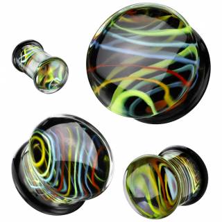 Plug en verre double �vas� � tourbillon multicolore sur fond noir