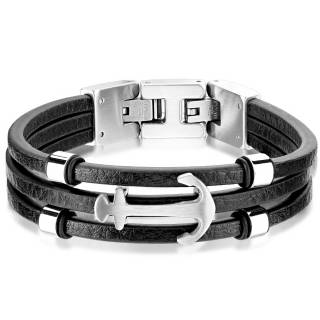 Triple bracelet cuir noir homme � ancre marine inox